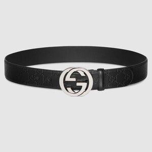 Gucci Black Leather Embossed GG Belt with Silver Interlocking Buckle